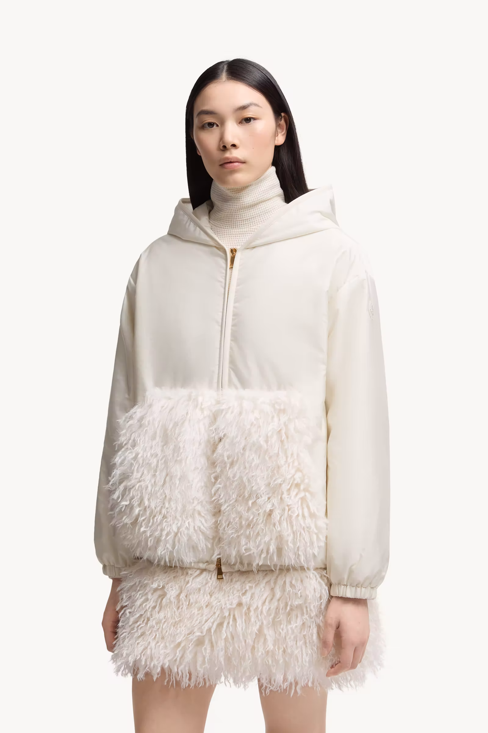 Teddy-Trimmed Padded Zip-Up Hoodie