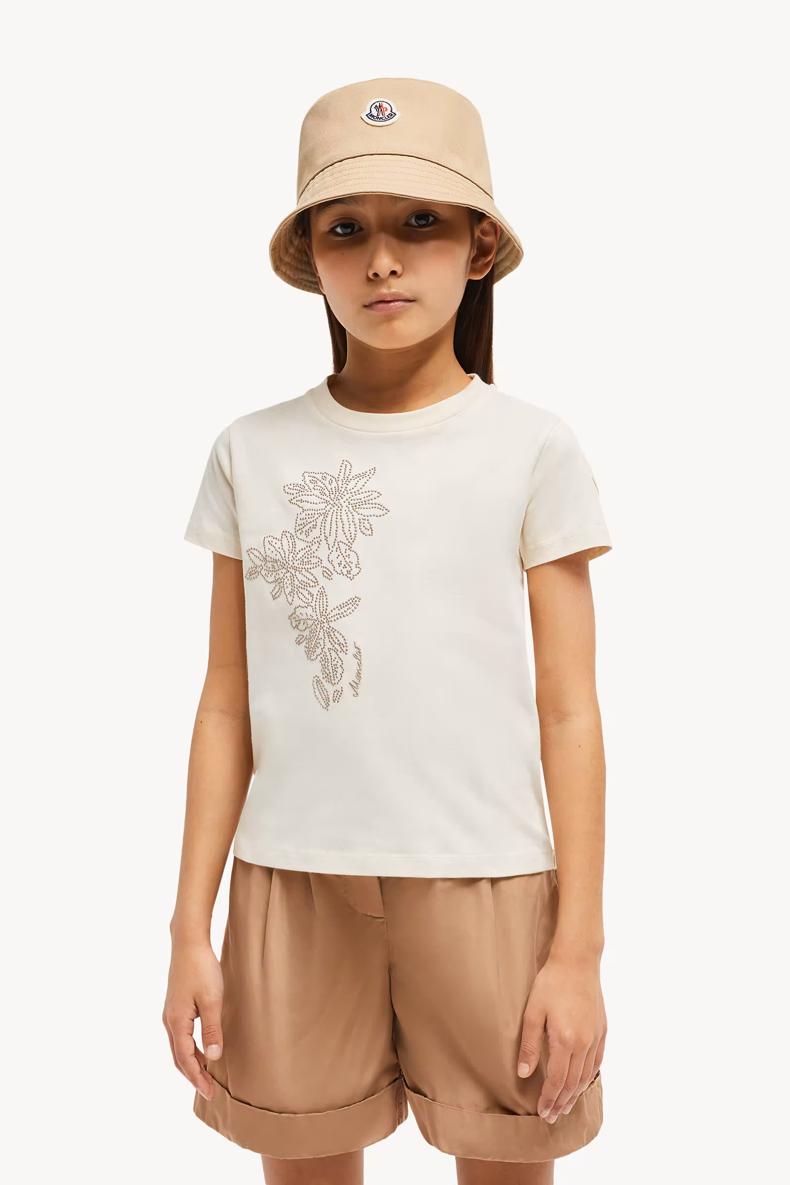 Studded Flower Motif Cotton T-Shirt