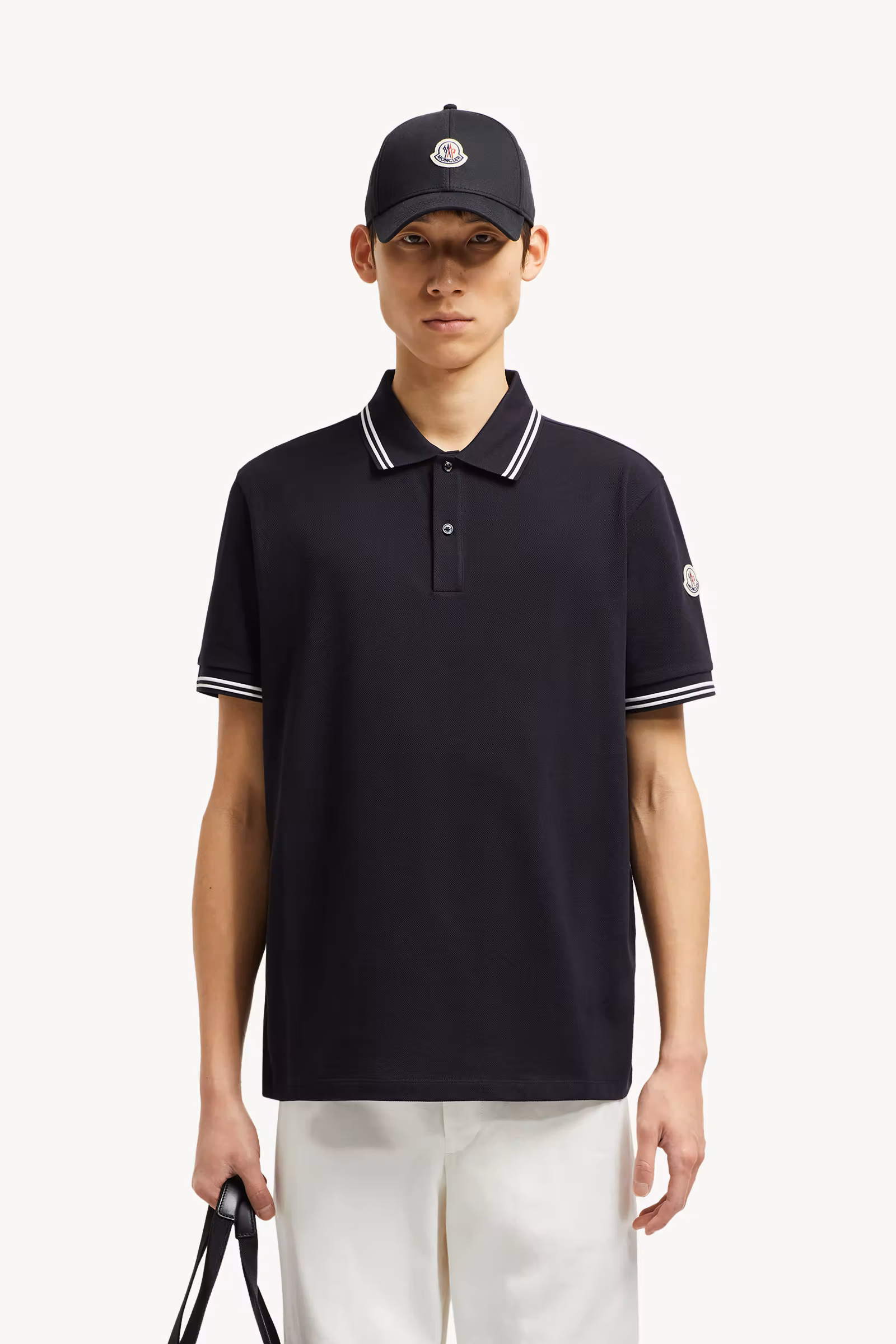 Striped Trim Cotton Piquet Polo Shirt