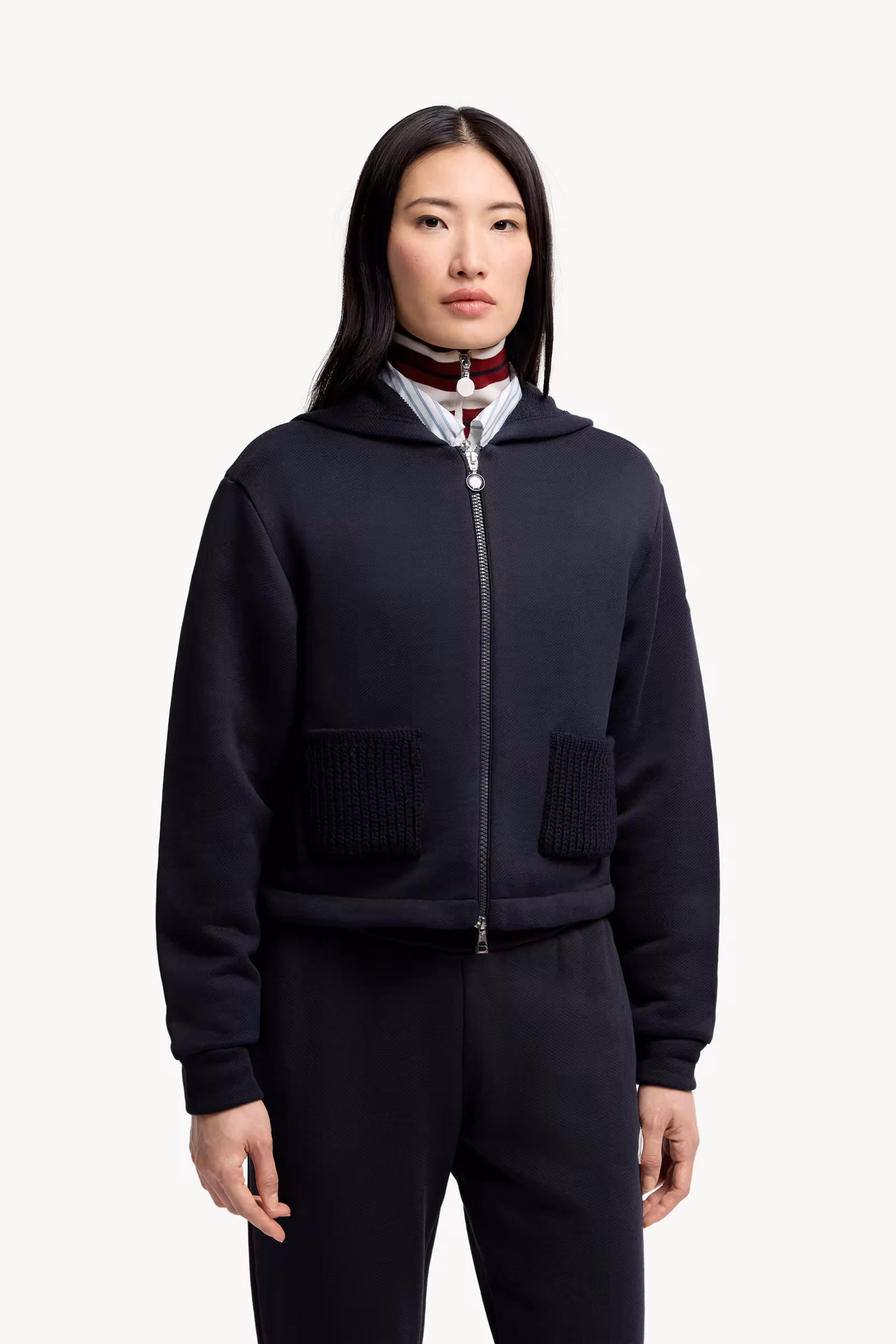 Knit Accent Cotton Zip-Up Hoodie