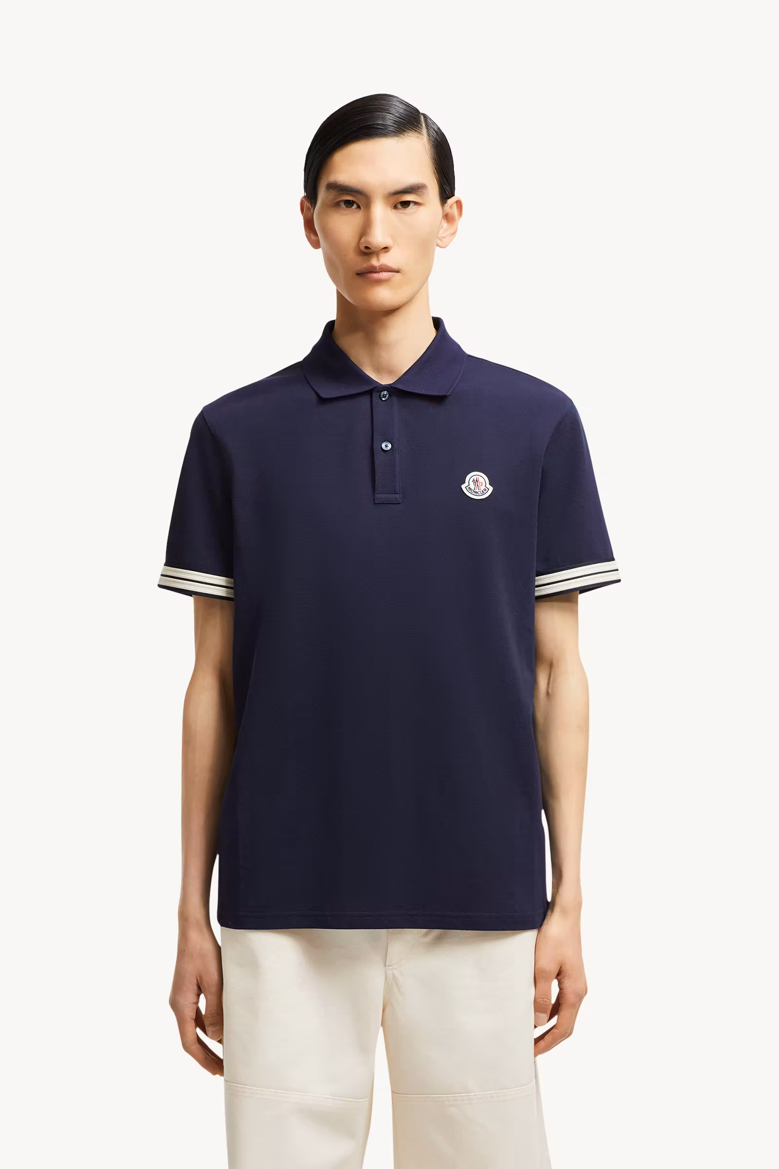Striped Trim Cotton Piquet Polo Shirt