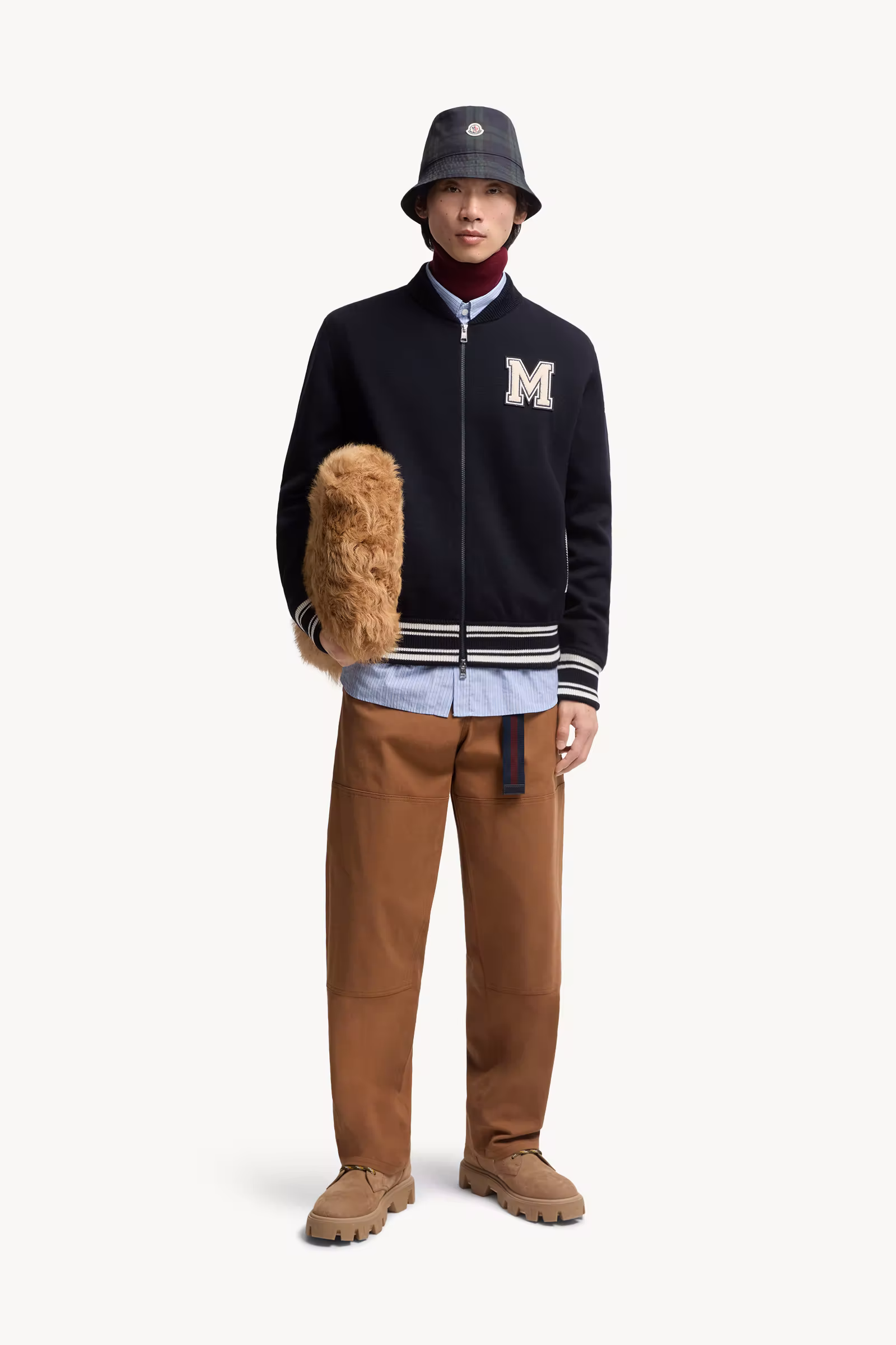 Embroidered Monogram Padded Zip-Up Wool Blend Cardigan