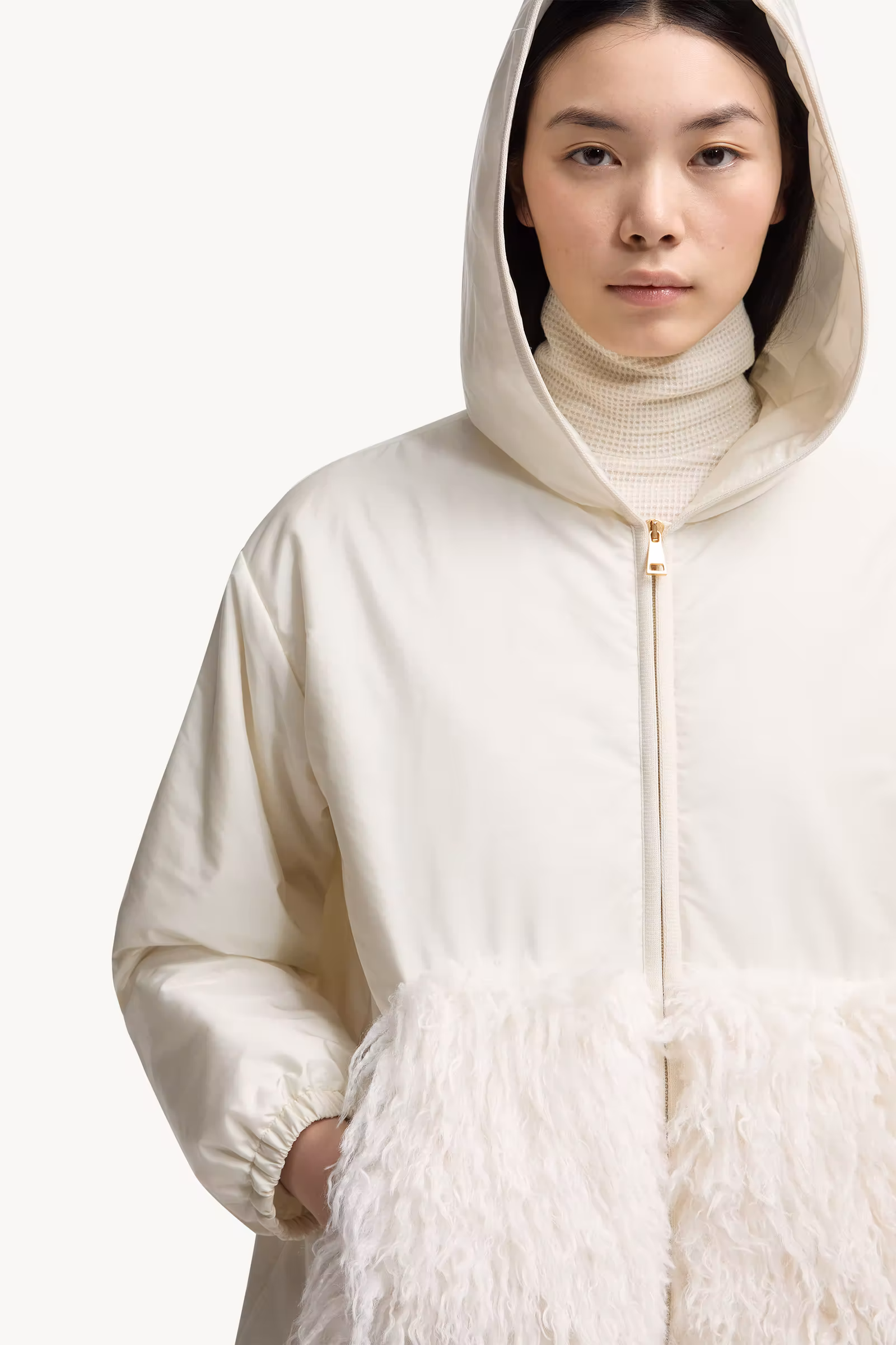 Teddy-Trimmed Padded Zip-Up Hoodie