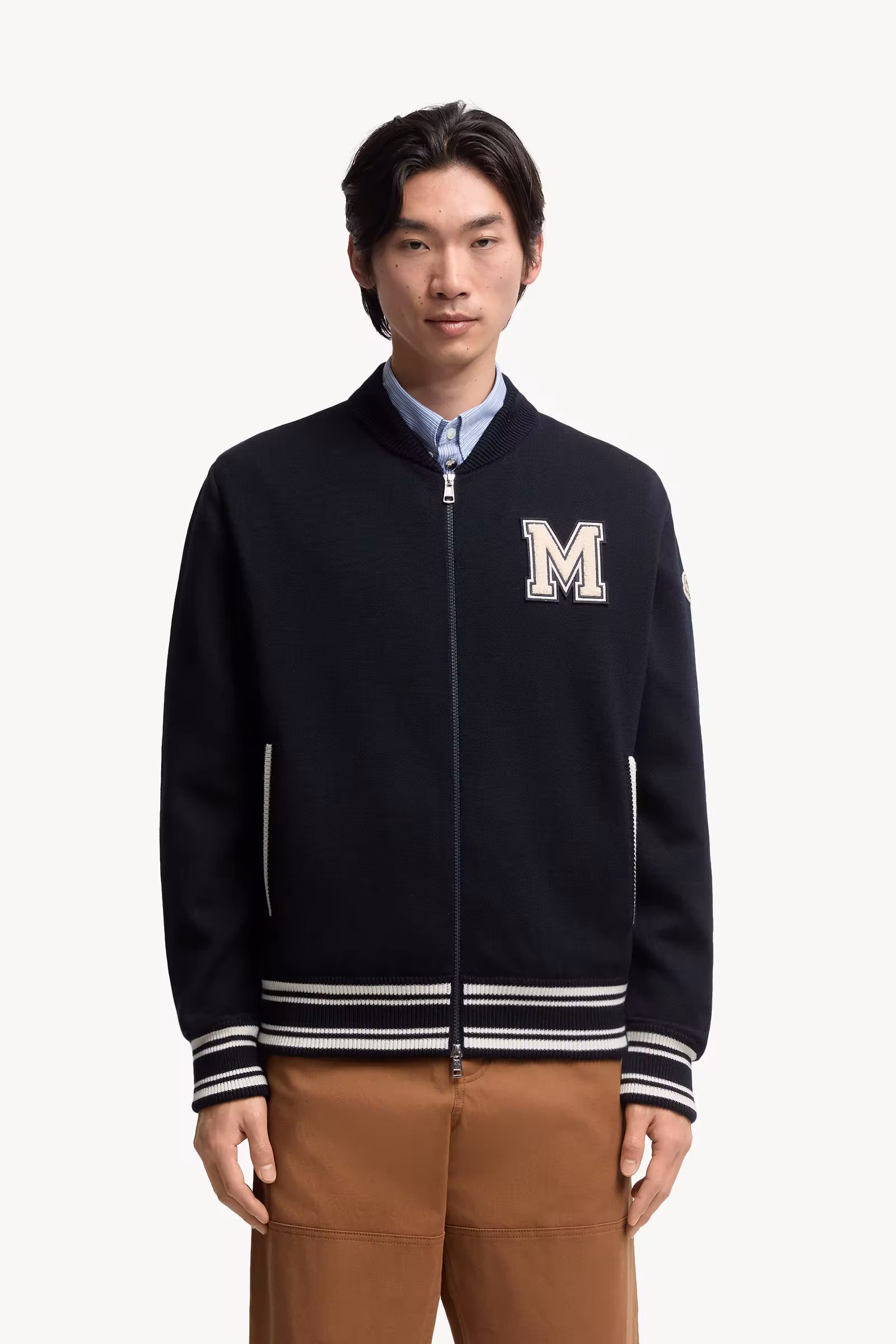 Embroidered Monogram Padded Zip-Up Wool Blend Cardigan