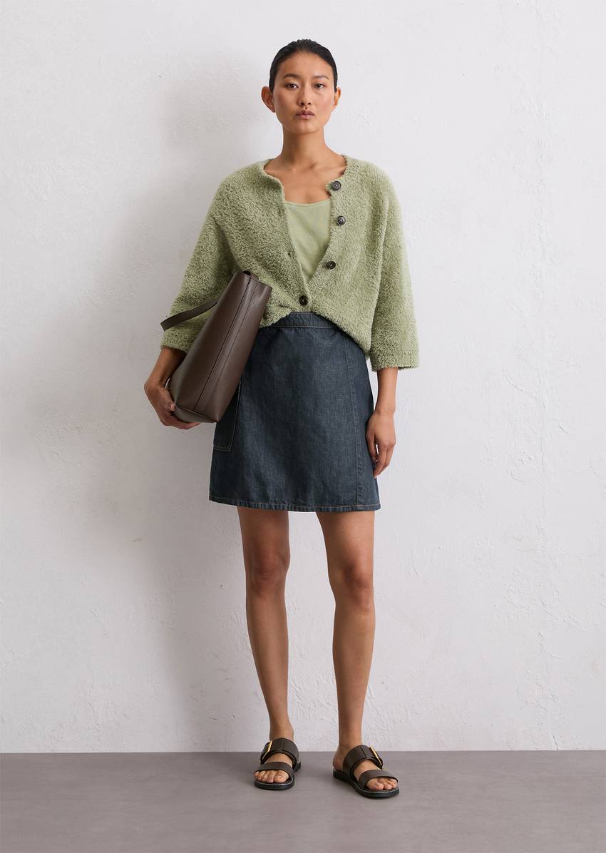 A-shape denim mini skirt made from a cotton-linen mix