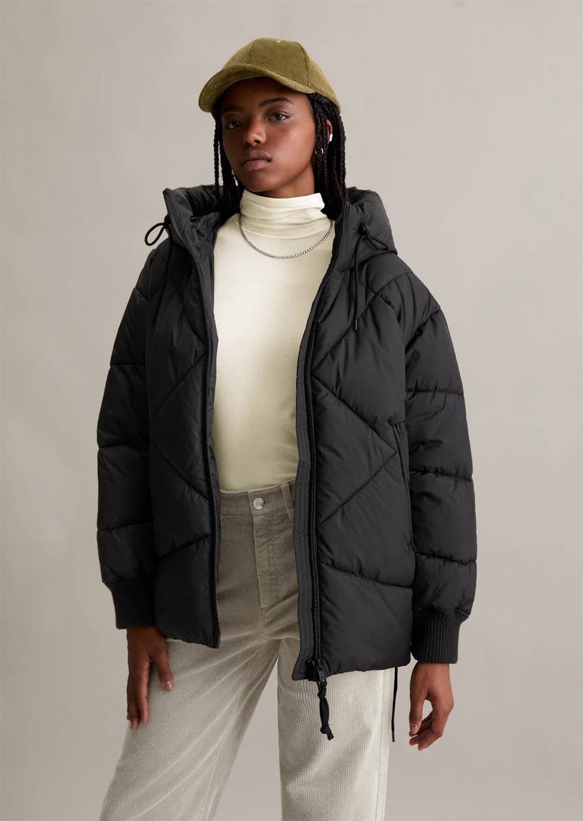 Long hooded quilted jacket relaxed made from recycled polyester