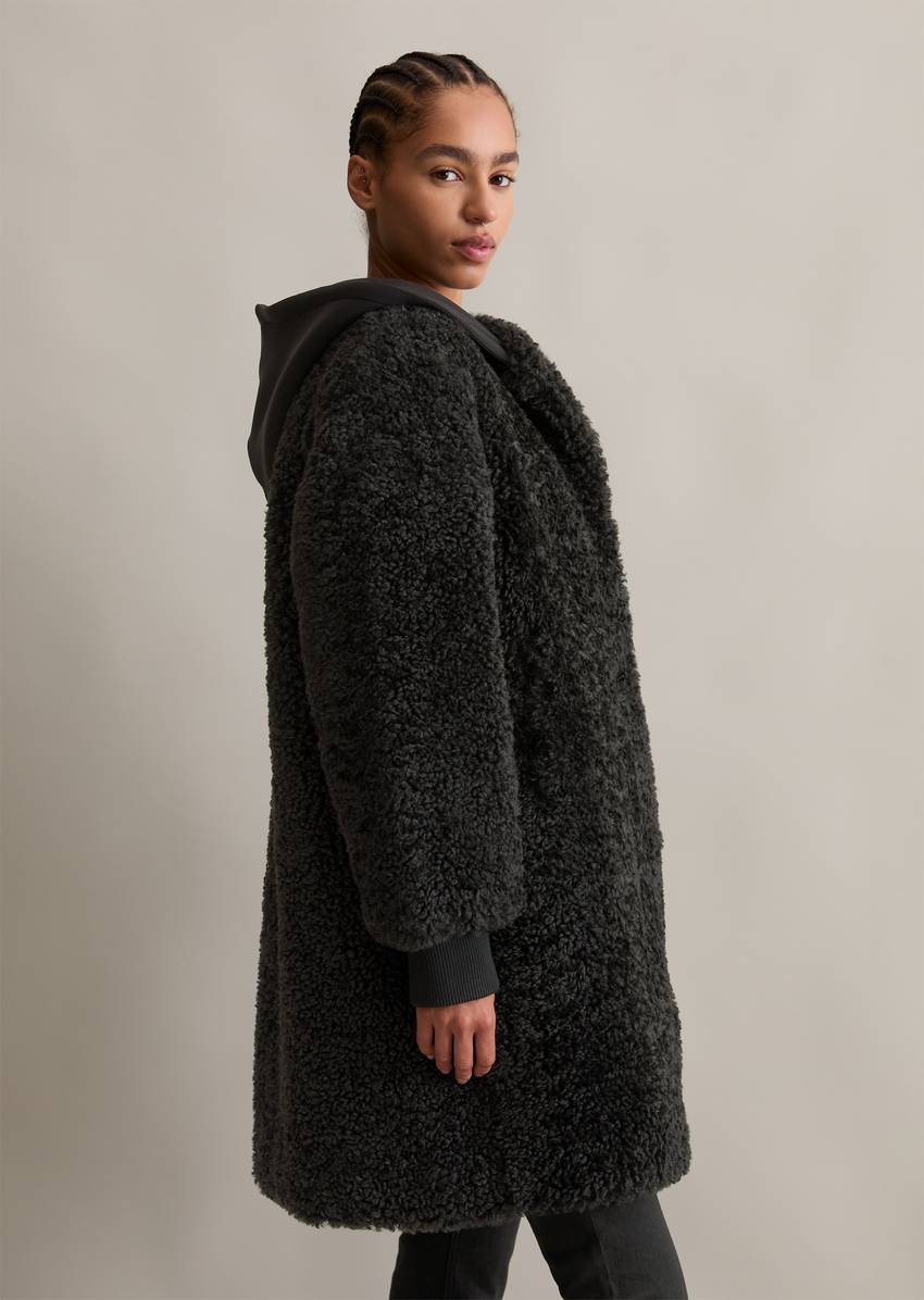 Relaxed teddy coat with scuba jersey hood