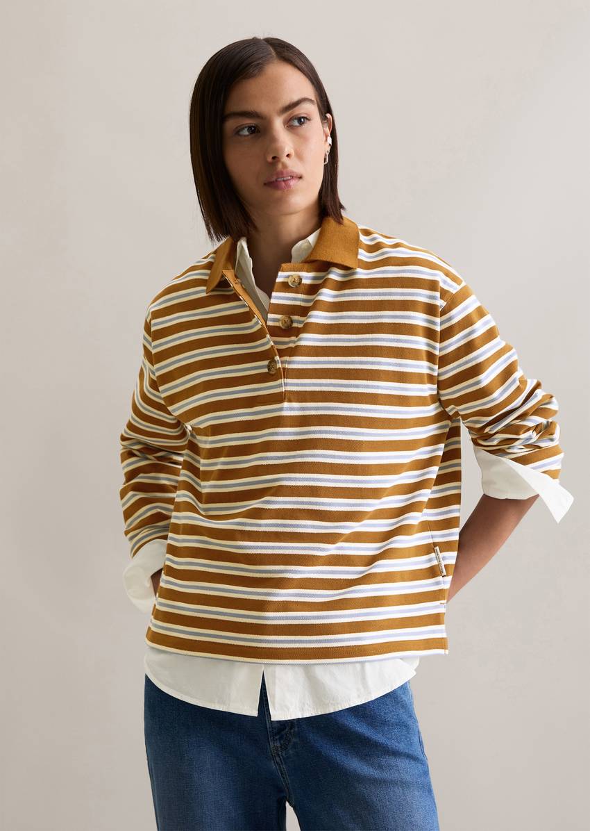 Long-sleeved polo shirt relaxed made from striped heavy piqué jersey