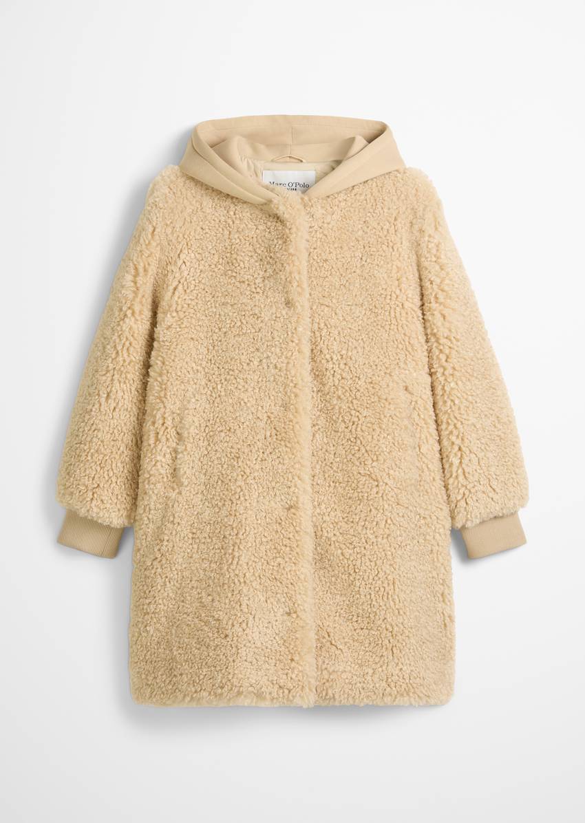 Relaxed teddy coat with scuba jersey hood