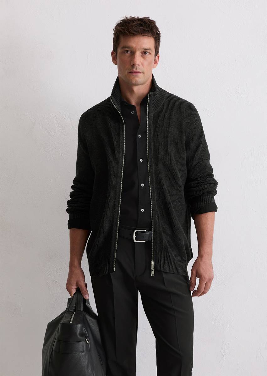 Knitted training jacket made from a soft cotton/virgin wool blend