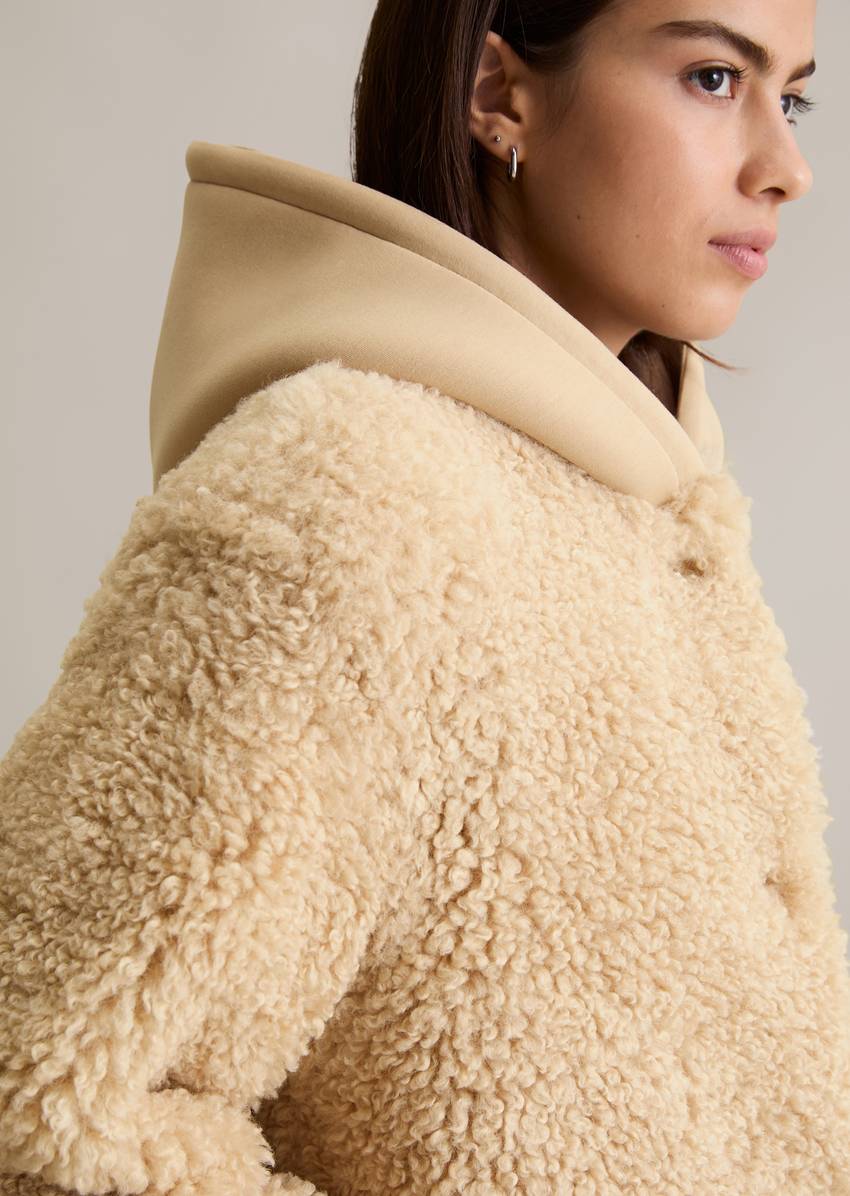 Relaxed teddy coat with scuba jersey hood