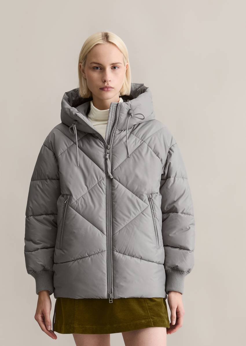 Long hooded quilted jacket relaxed made from recycled polyester