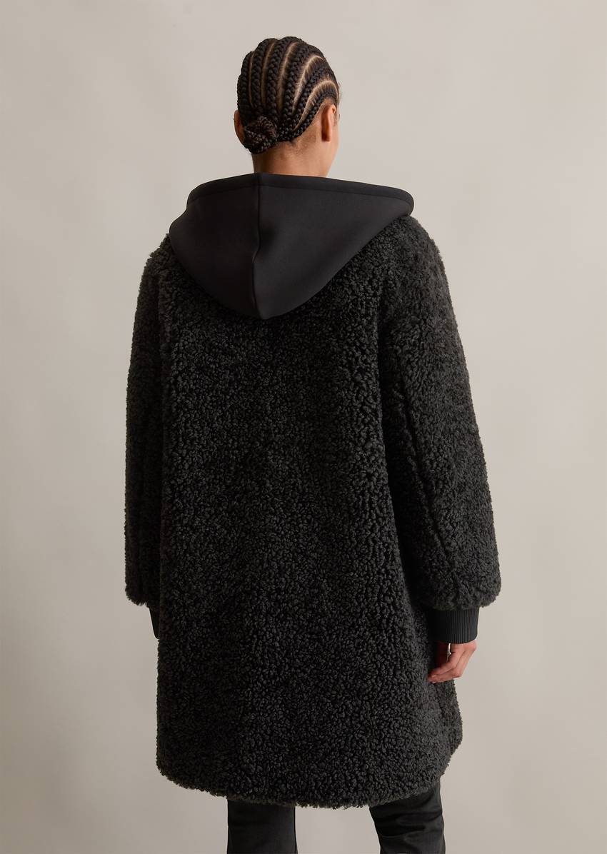 Relaxed teddy coat with scuba jersey hood