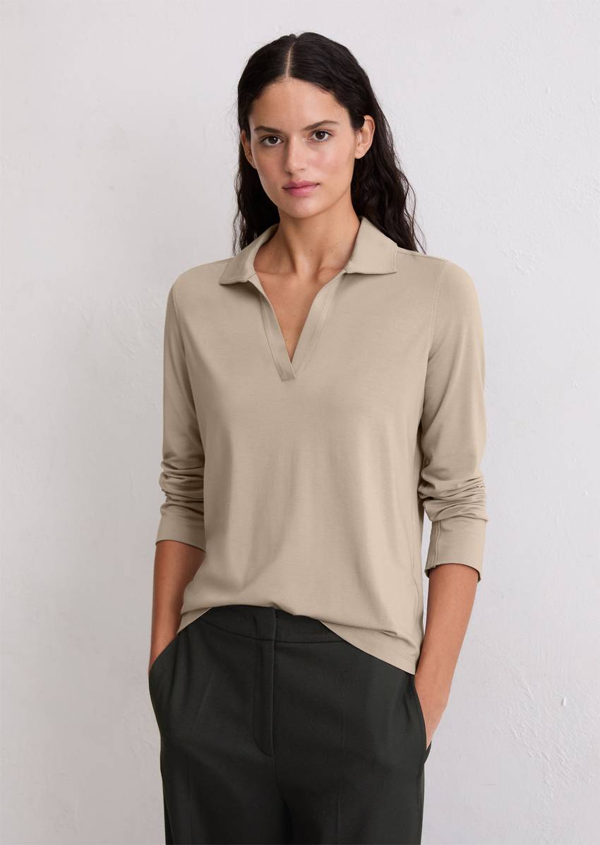 Regular polo-style jersey blouse made from a viscose-modal blend