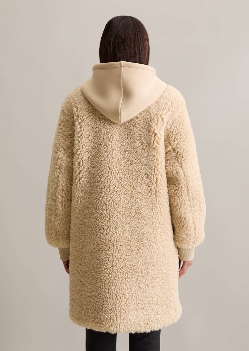 Relaxed teddy coat with scuba jersey hood