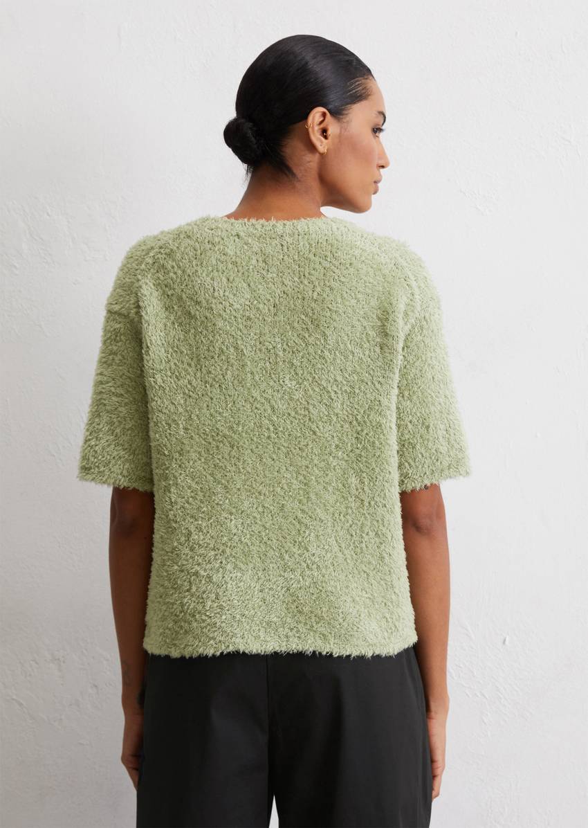 Fuzzy knit short sleeve sweater loose made from fluffy cotton yarn