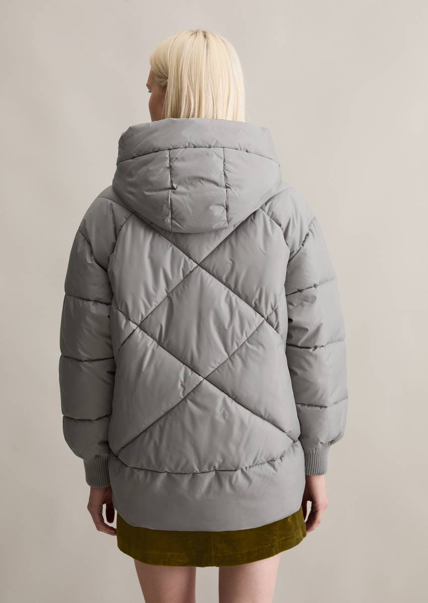 Long hooded quilted jacket relaxed made from recycled polyester