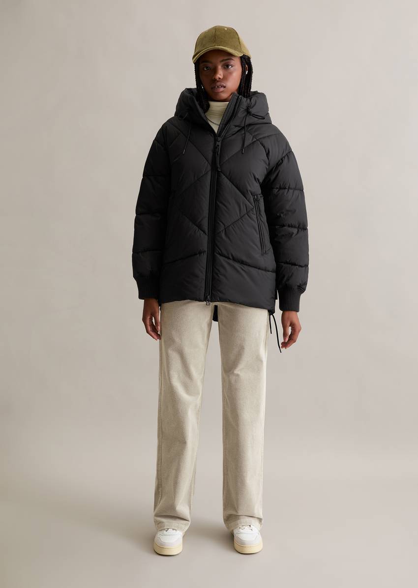 Long hooded quilted jacket relaxed made from recycled polyester