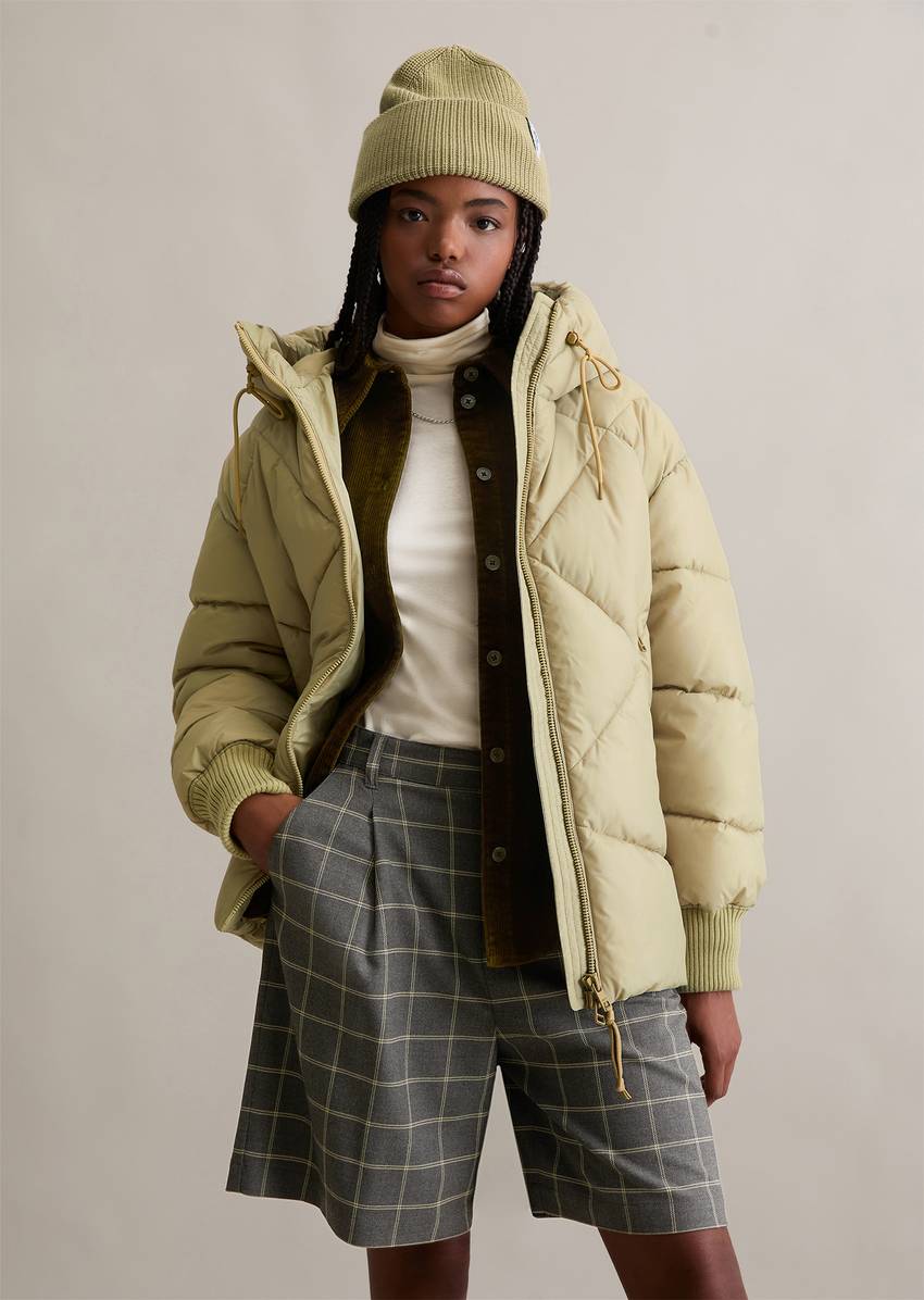 Long hooded quilted jacket relaxed made from recycled polyester