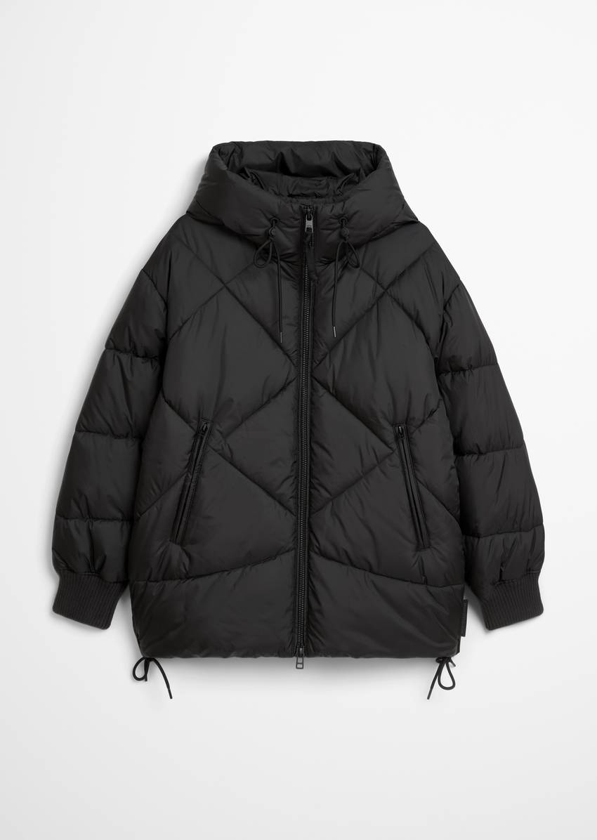 Long hooded quilted jacket relaxed made from recycled polyester