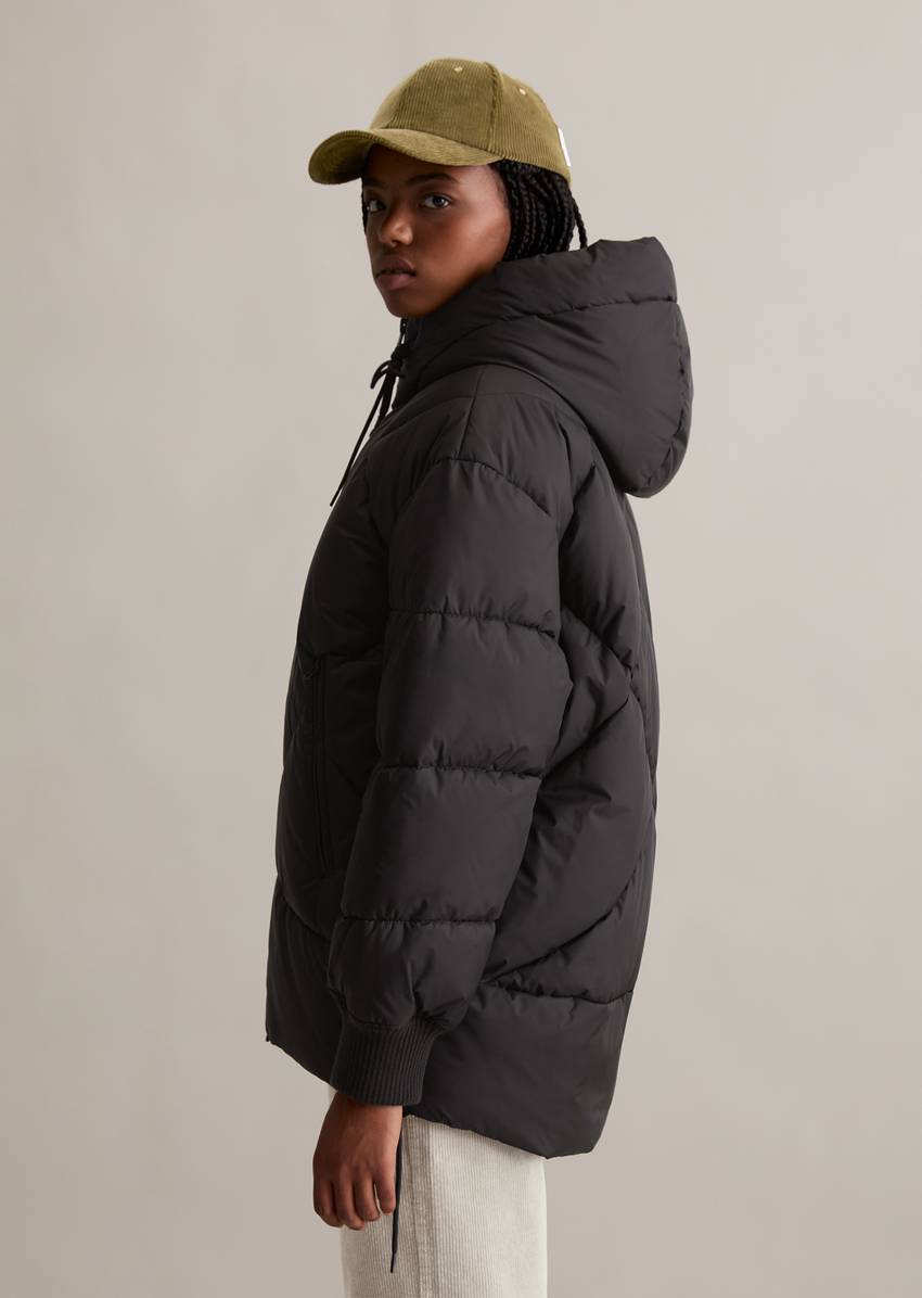 Long hooded quilted jacket relaxed made from recycled polyester
