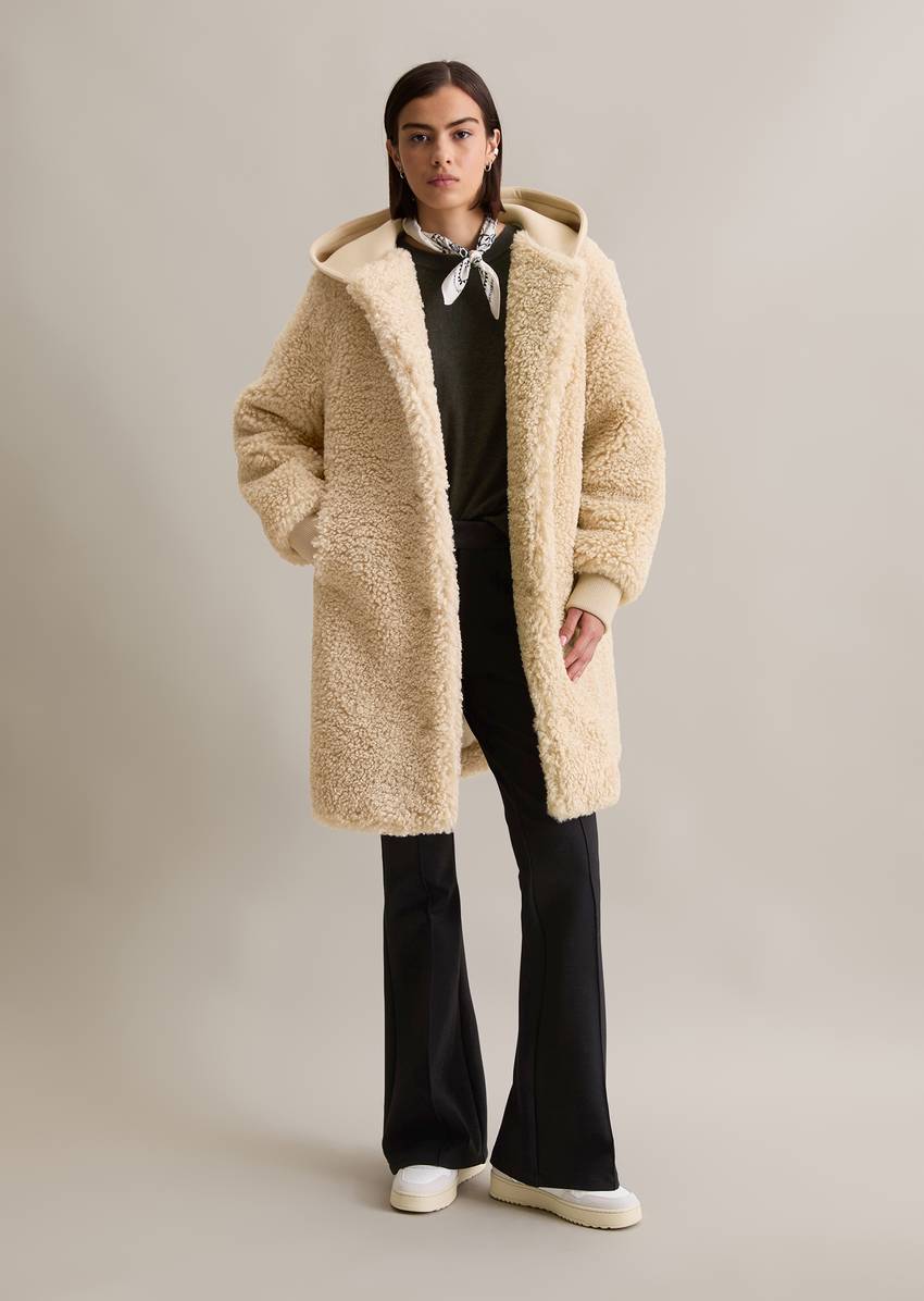 Relaxed teddy coat with scuba jersey hood