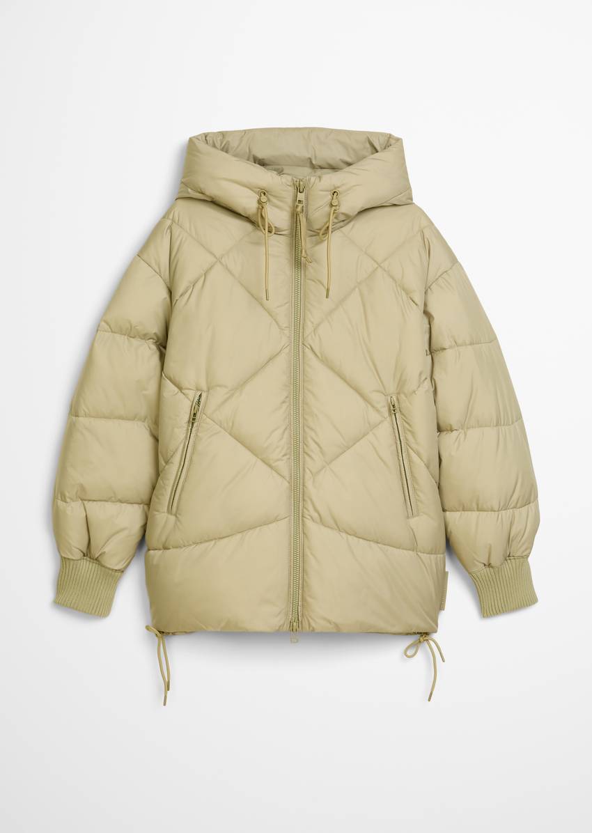 Long hooded quilted jacket relaxed made from recycled polyester