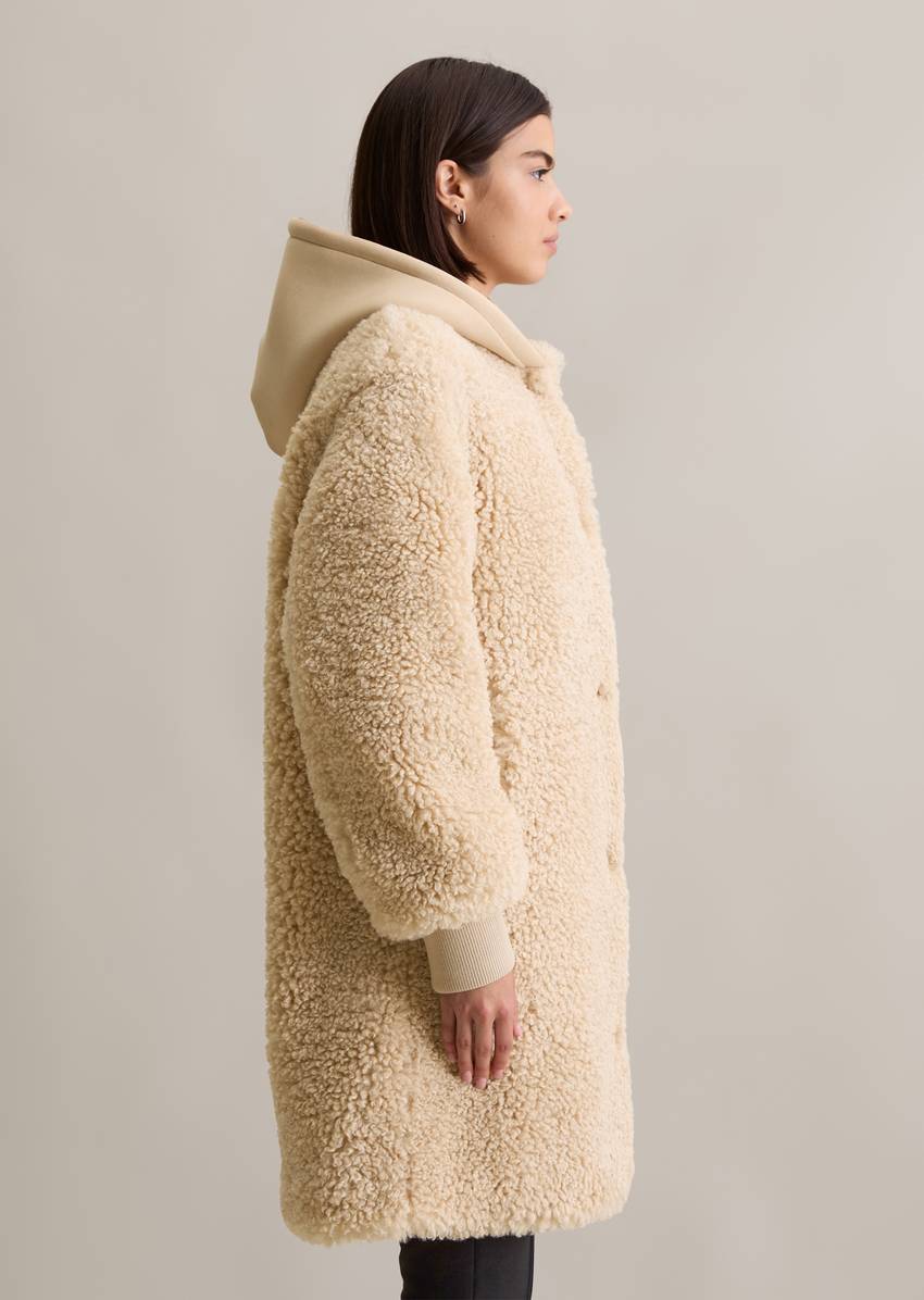 Relaxed teddy coat with scuba jersey hood