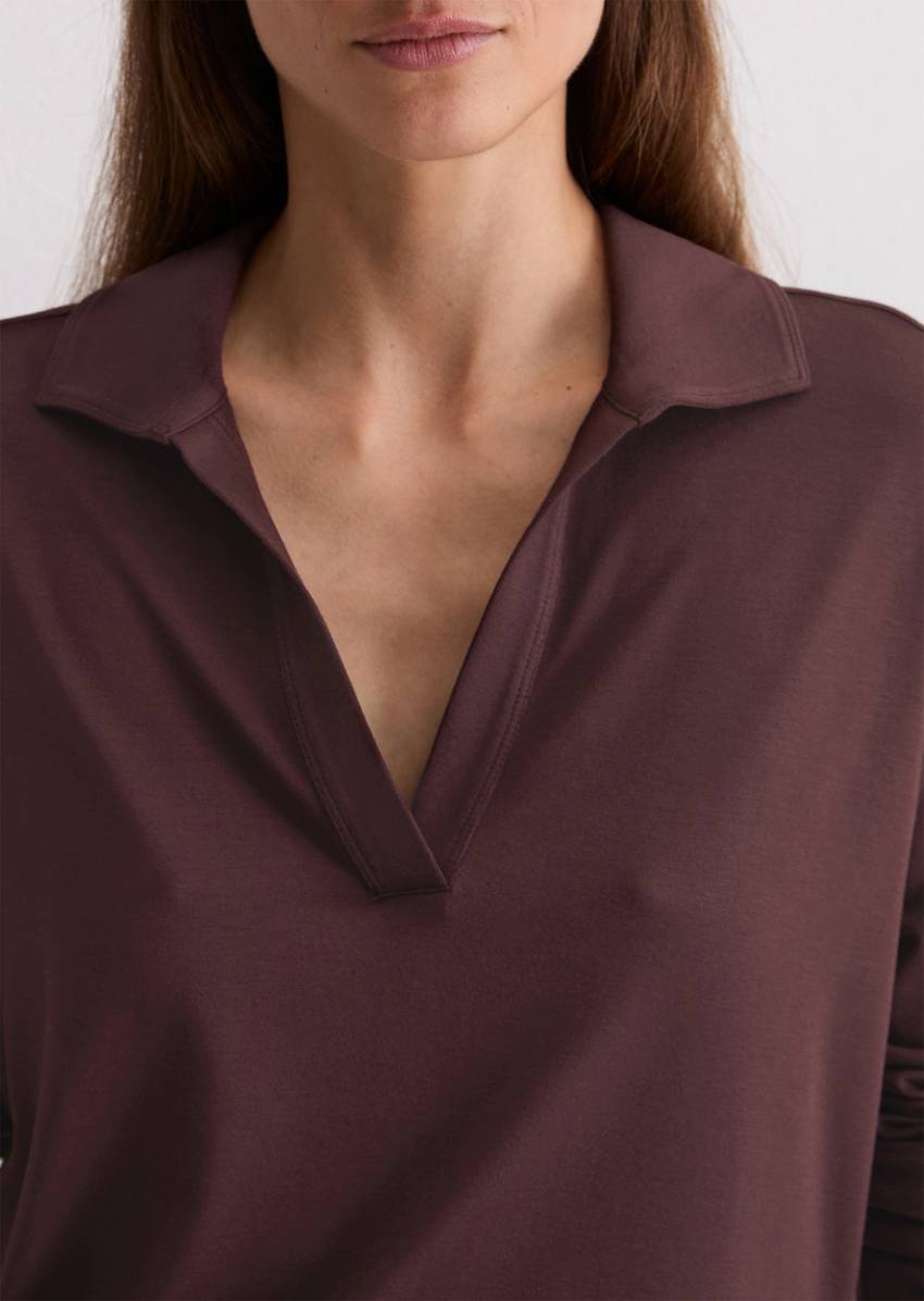 Regular polo-style jersey blouse made from a viscose-modal blend