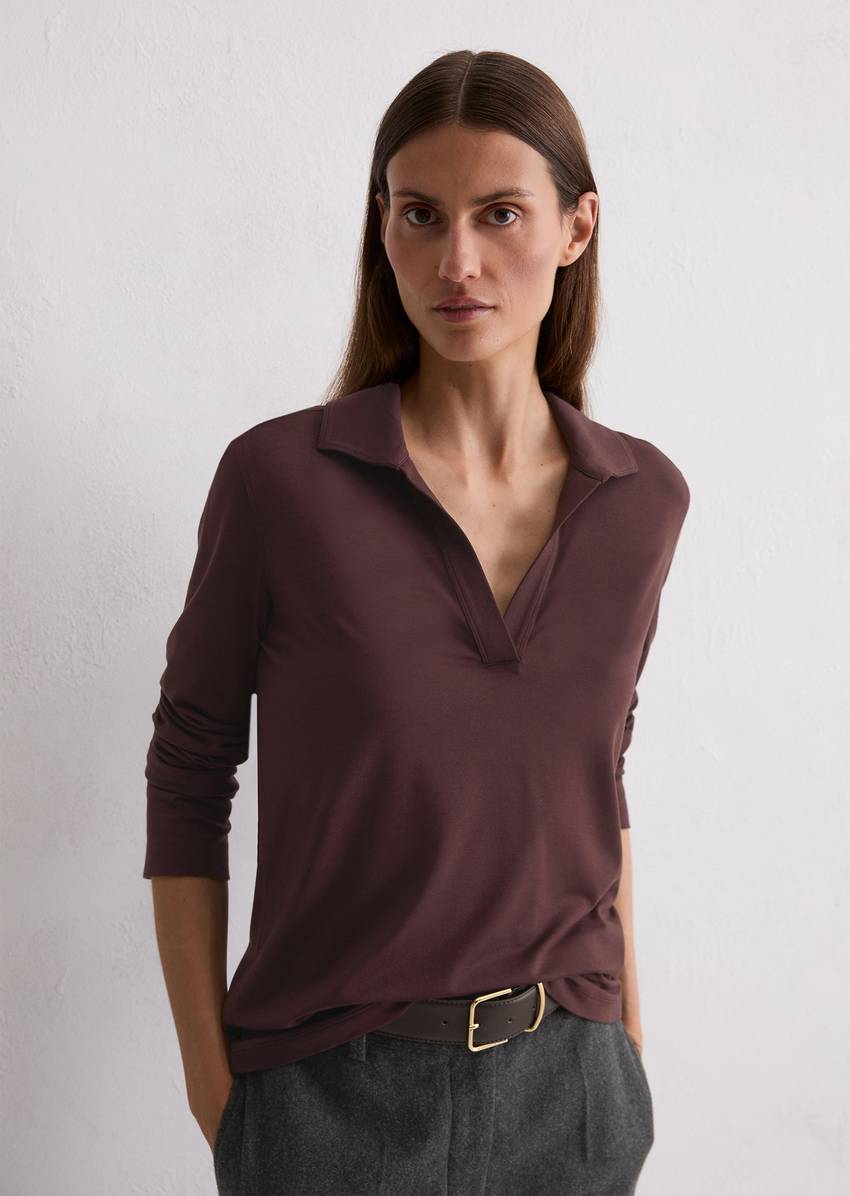 Regular polo-style jersey blouse made from a viscose-modal blend