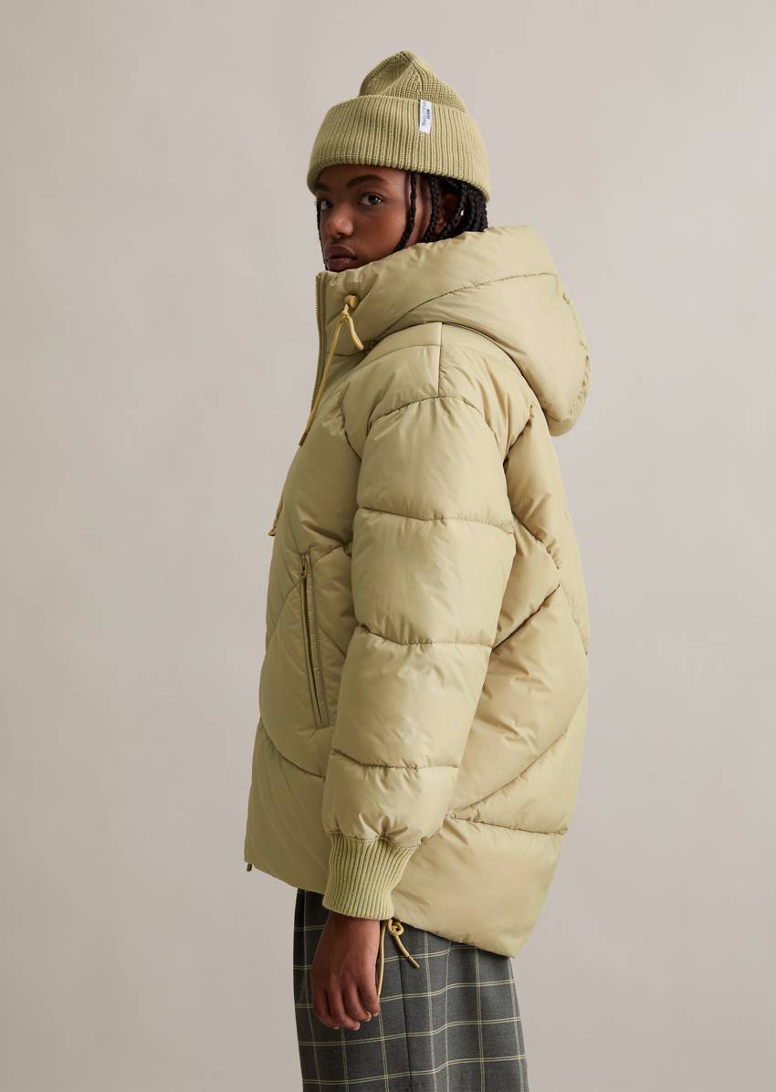 Long hooded quilted jacket relaxed made from recycled polyester