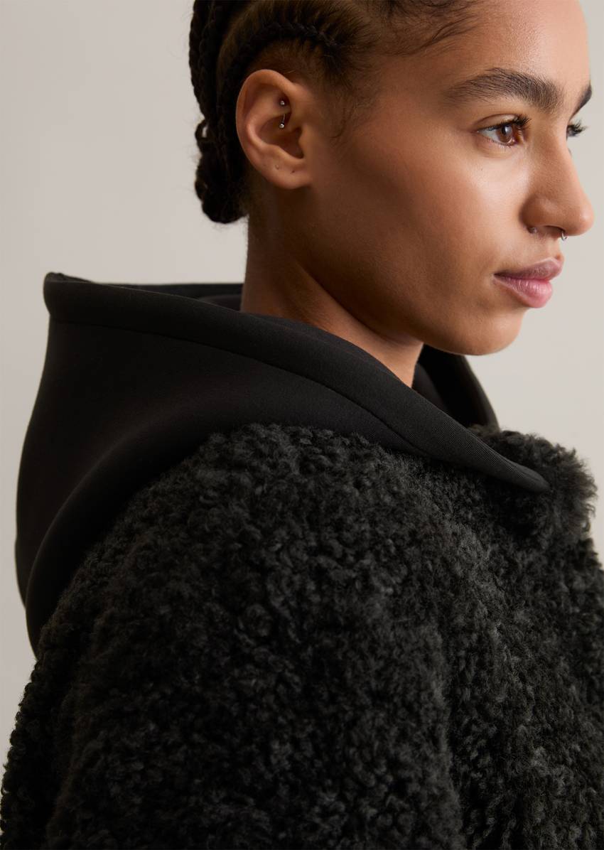 Relaxed teddy coat with scuba jersey hood