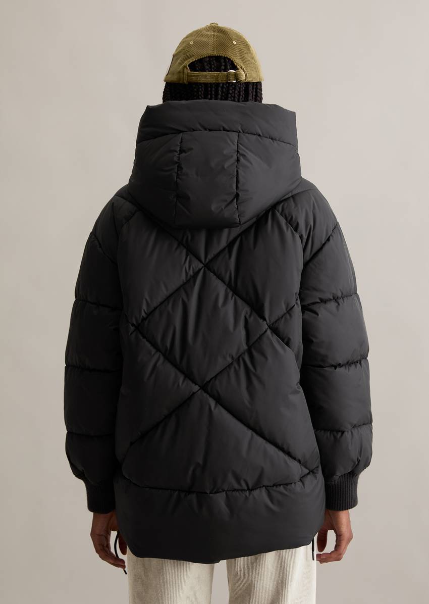 Long hooded quilted jacket relaxed made from recycled polyester