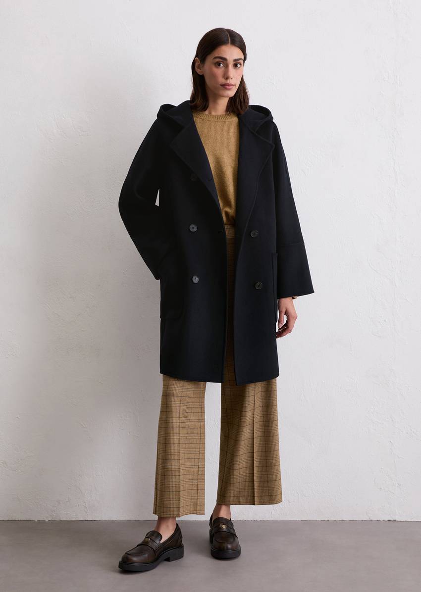 Hooded coat relaxed made from a double-face wool blend