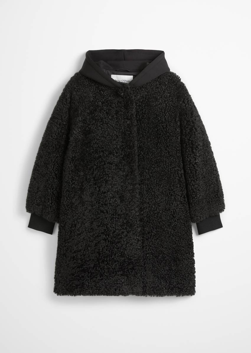 Relaxed teddy coat with scuba jersey hood