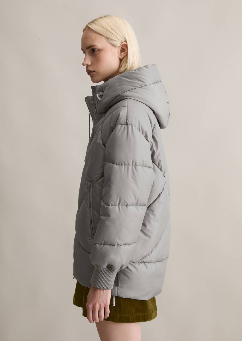 Long hooded quilted jacket relaxed made from recycled polyester