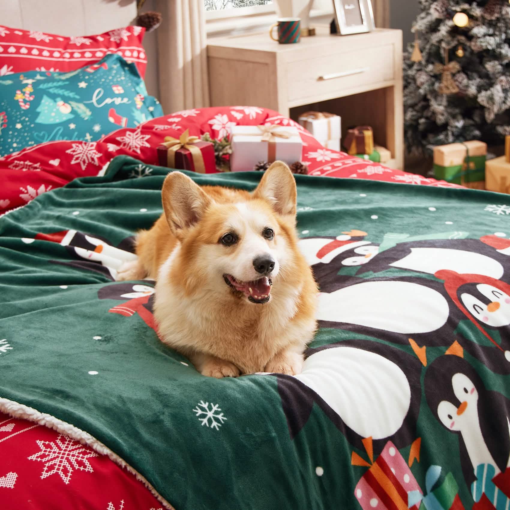 GentleSoft® Christmas Penguin Green Sherpa Throw Blanket