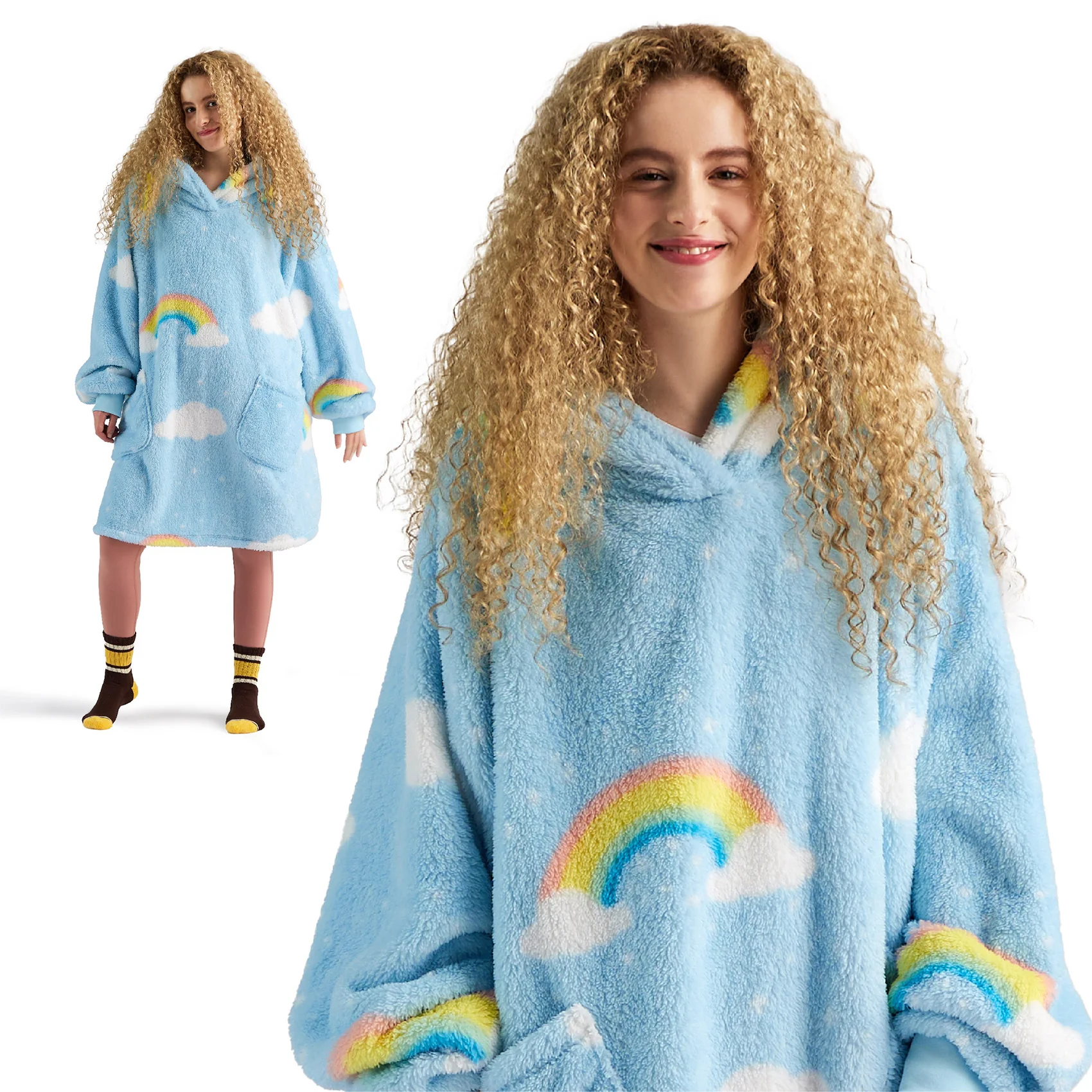 GentleSoft® Printed Shaggy Sherpa Blanket Hoodie Sea Foam