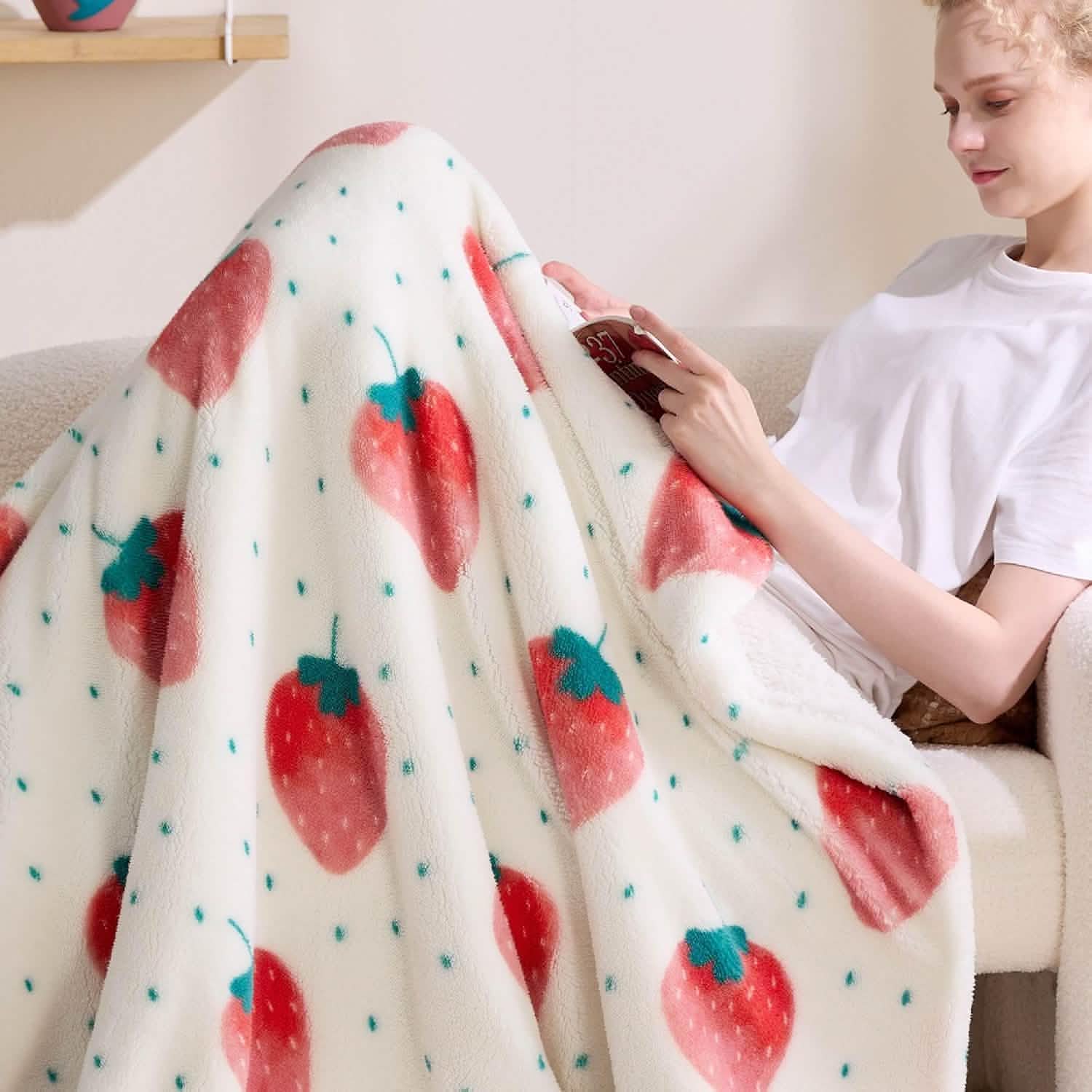 GentleSoft® Printed Throw Sherpa Blanket strawberry Dots
