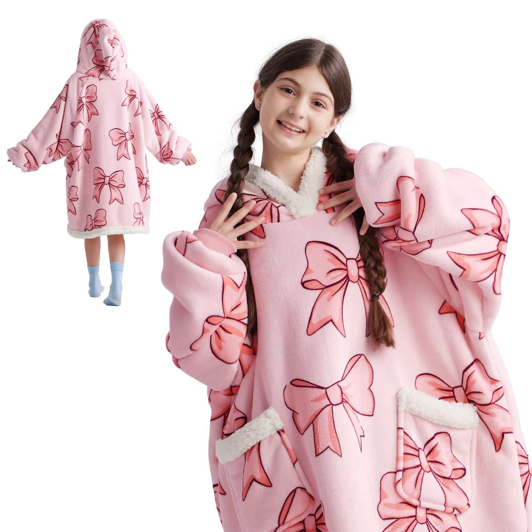GentleSoft® Sherpa Fleece Printed Short Wearable Blanket Hoodie Pink