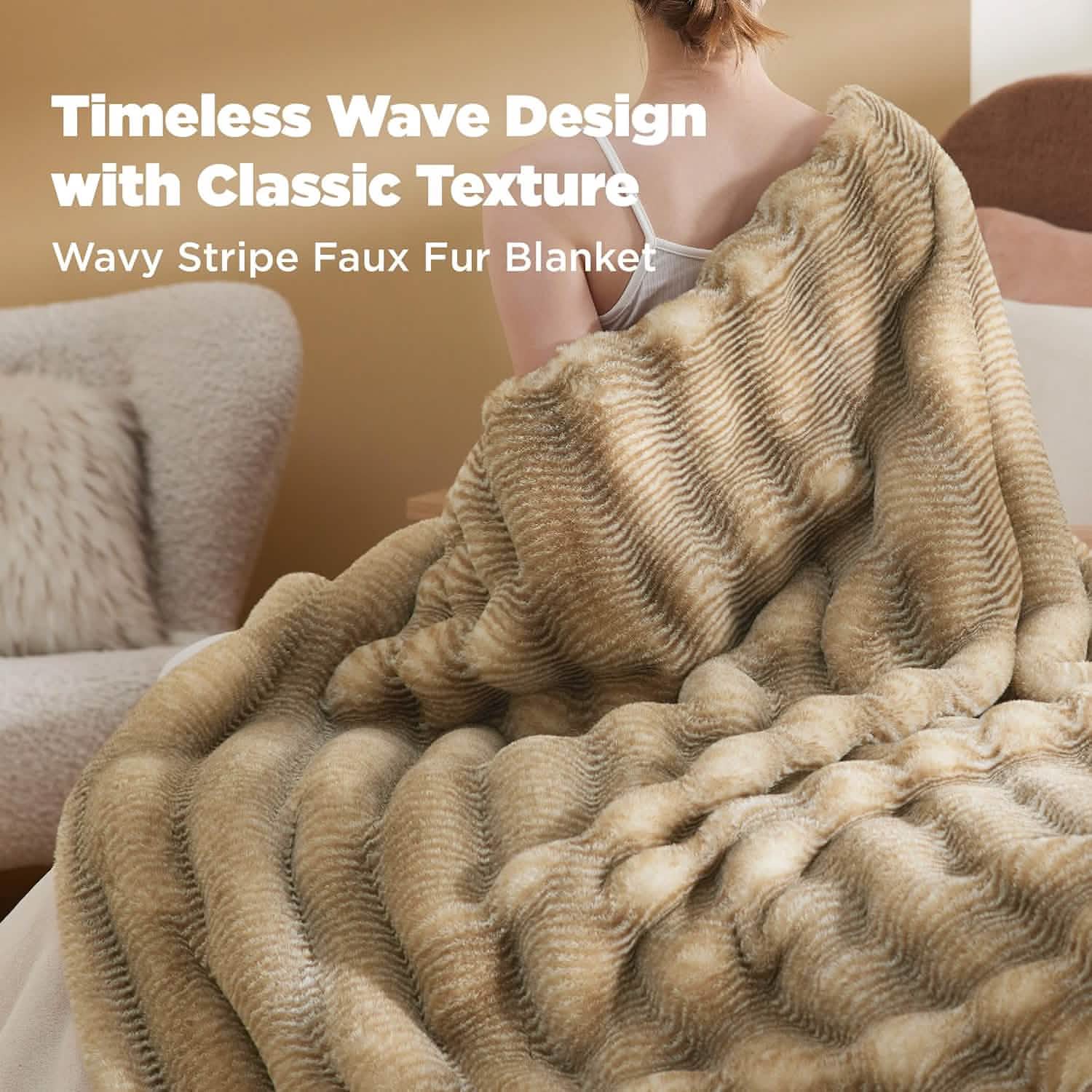 GentleSoft® Fluffy Striped Faux Fur Blanket Beige