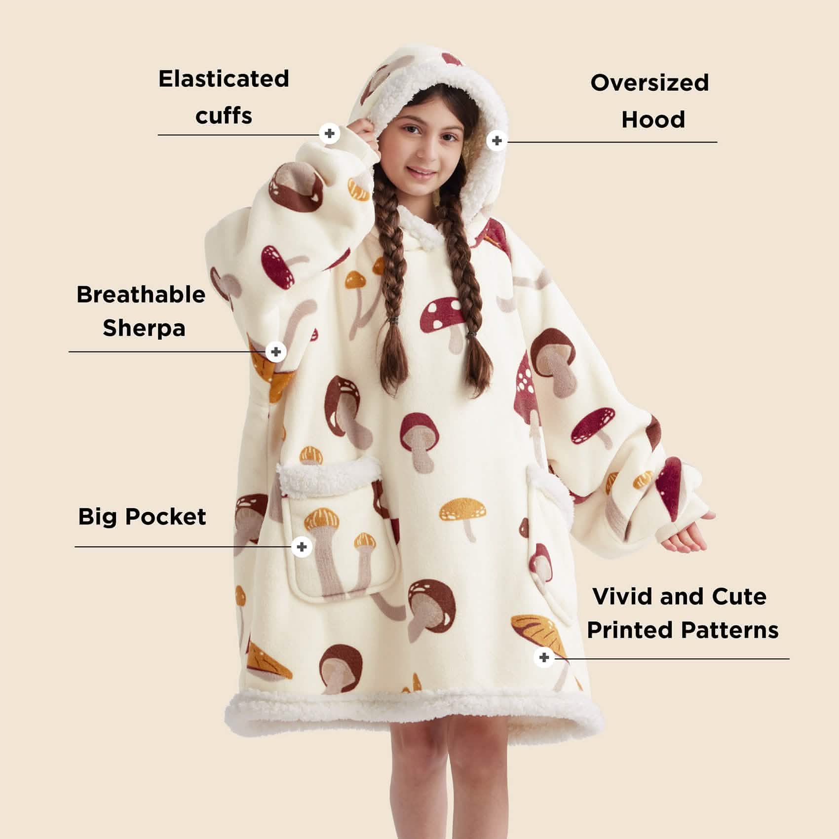 GentleSoft® Cute Printed Patterns Sherpa Blanket Hoodie Beige