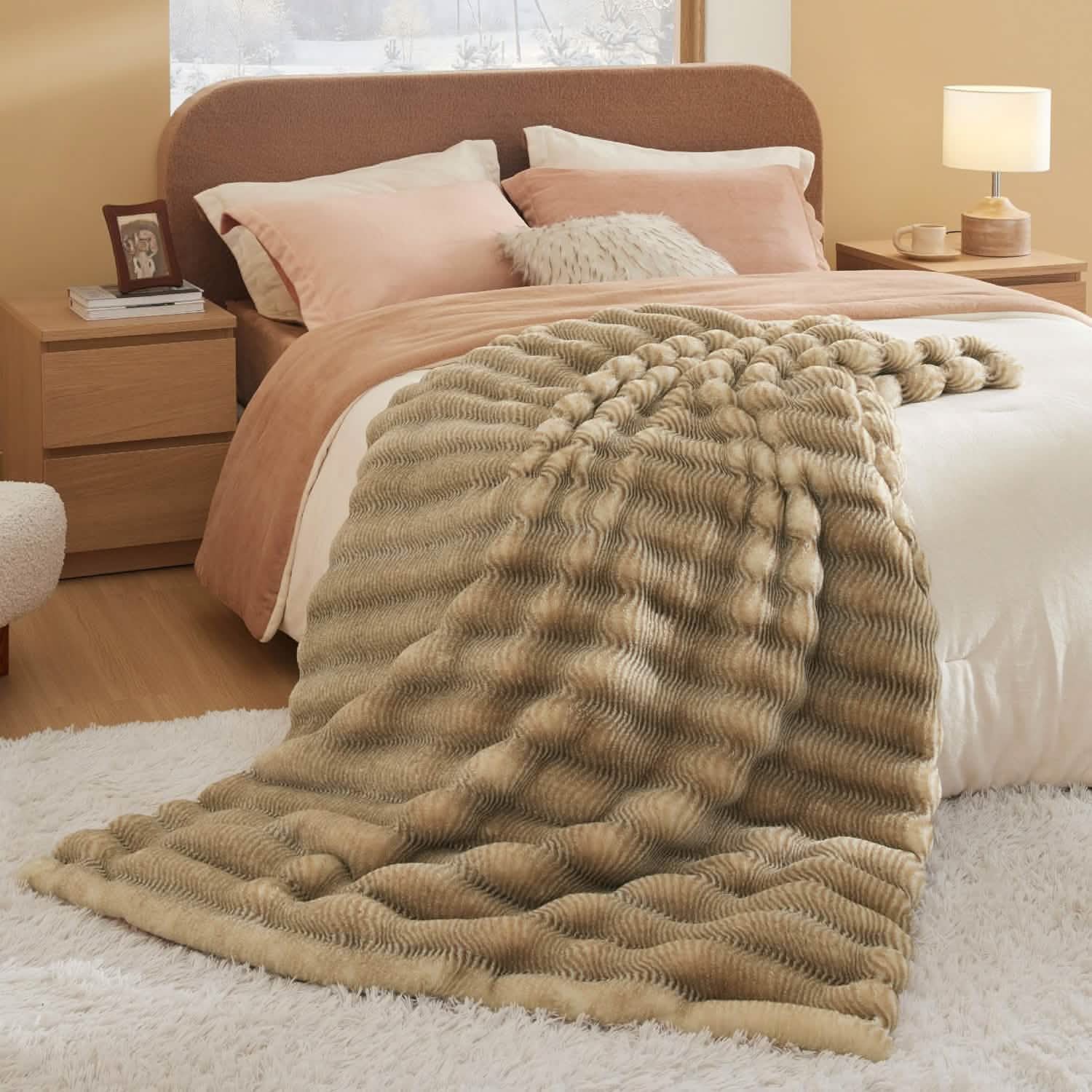 GentleSoft® Fluffy Striped Faux Fur Blanket Beige