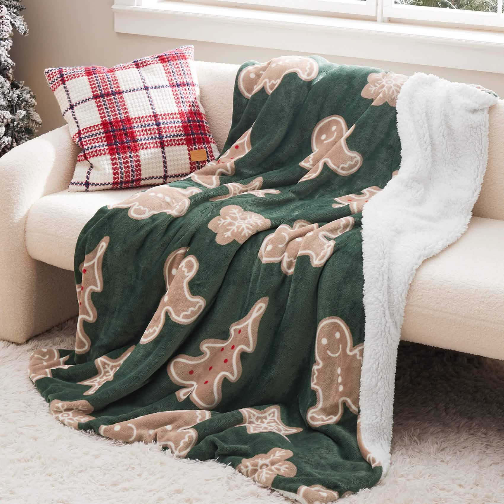 GentleSoft® Christmas Gingerbread Green Sherpa Throw Blanket