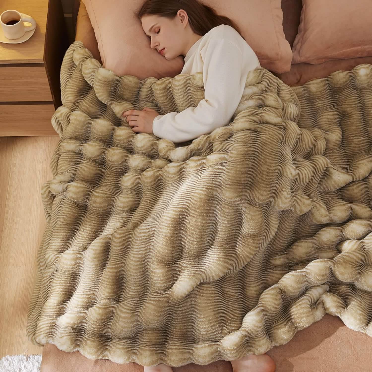 GentleSoft® Fluffy Striped Faux Fur Blanket Beige