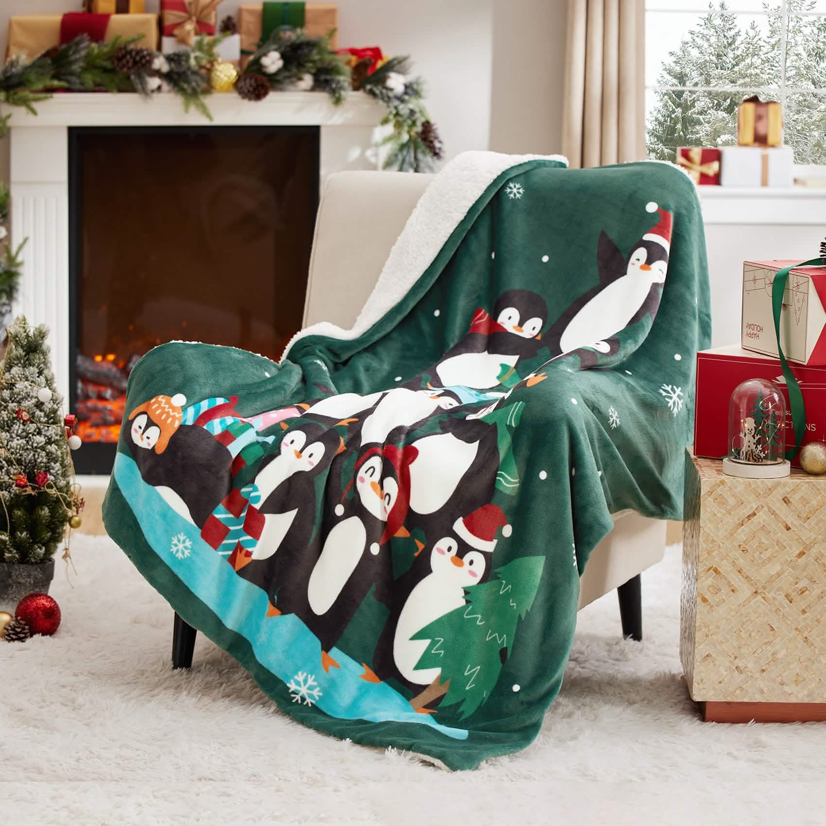 GentleSoft® Christmas Penguin Green Sherpa Throw Blanket