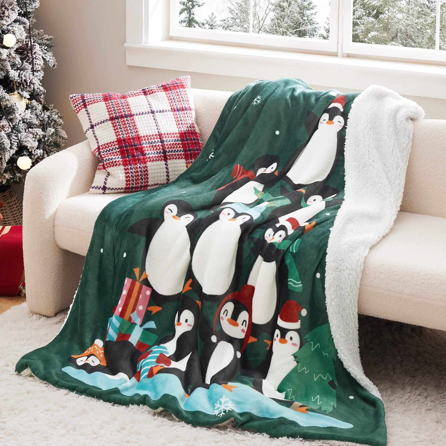 GentleSoft® Christmas Penguin Green Sherpa Throw Blanket