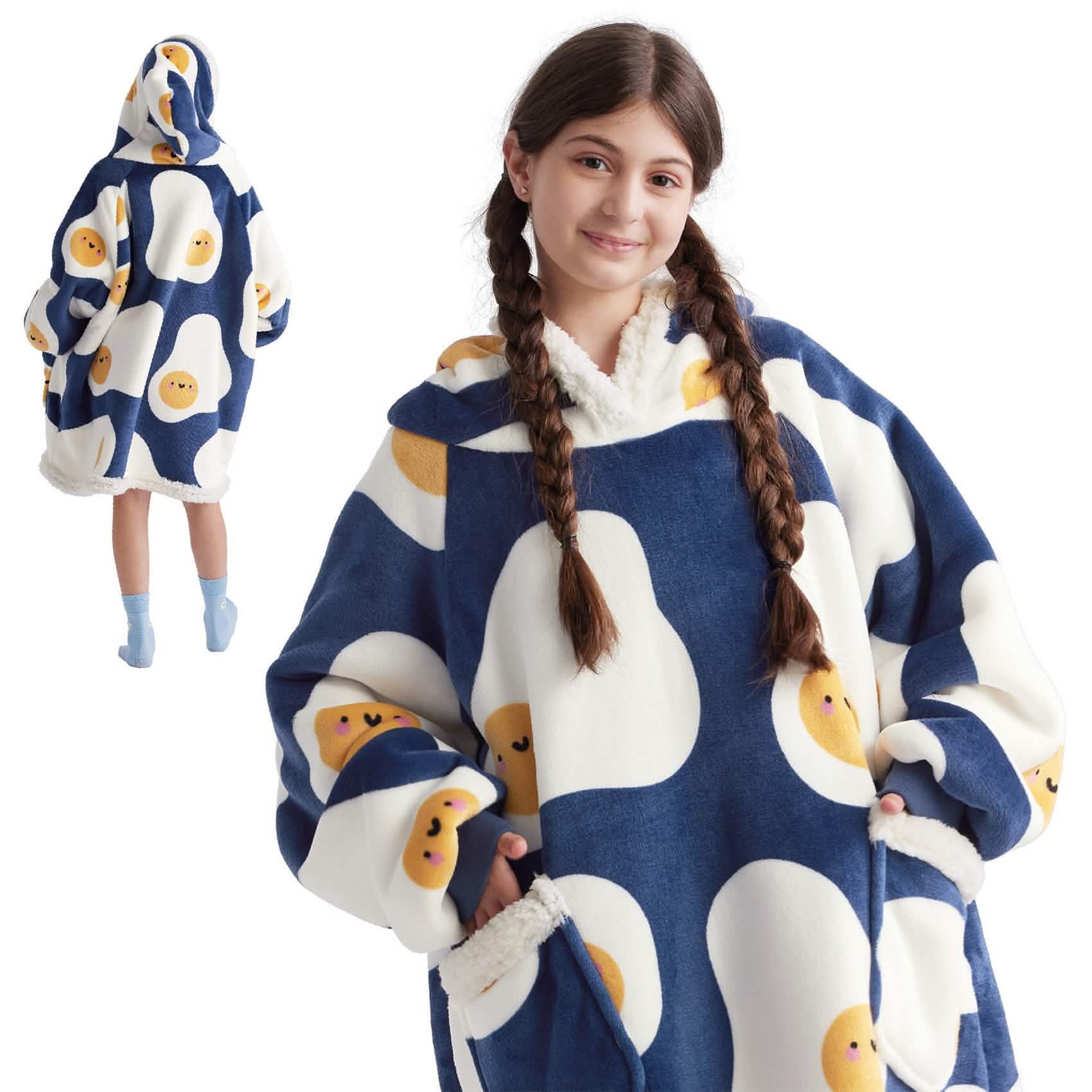 GentleSoft® Sherpa Fleece Printed Short Wearable Blanket Hoodie Denim Blue