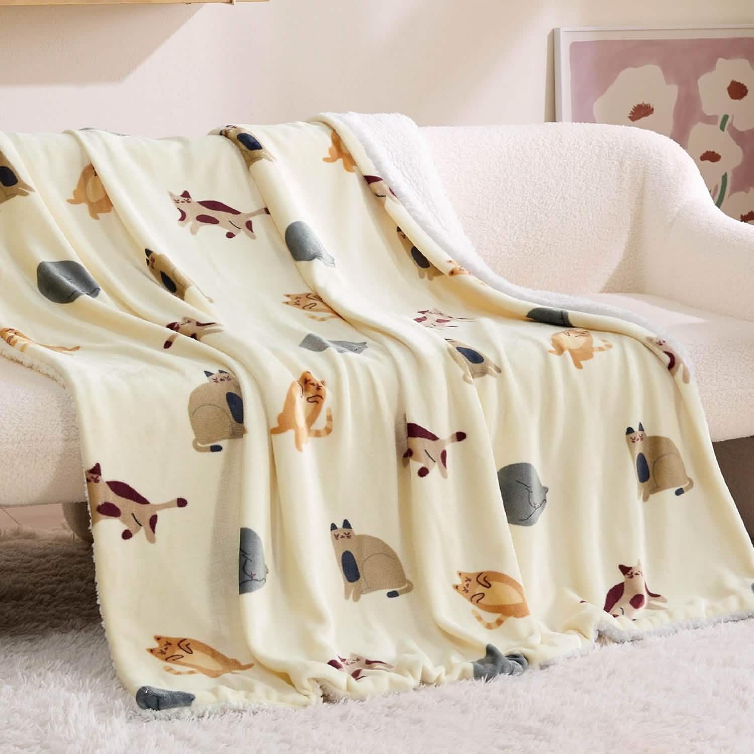 GentleSoft® Printed Throw Sherpa Blanket Print-cat