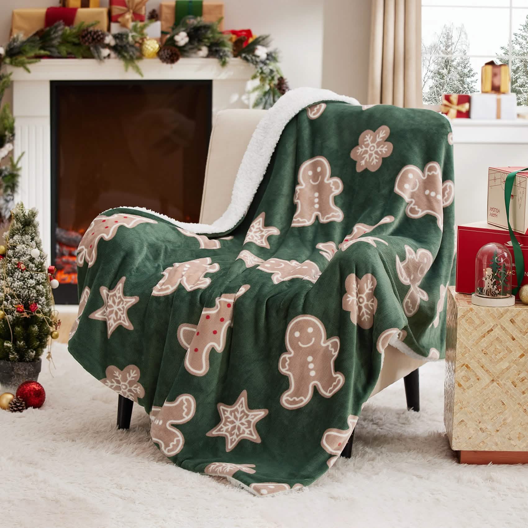 GentleSoft® Christmas Gingerbread Green Sherpa Throw Blanket